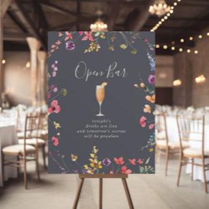 Classic Blue Wild Floral Wedding Open Bar Sign Poster