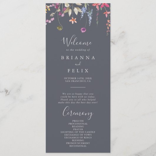Classic Blue Wild Floral Wedding Program Programm (Vorderseite)