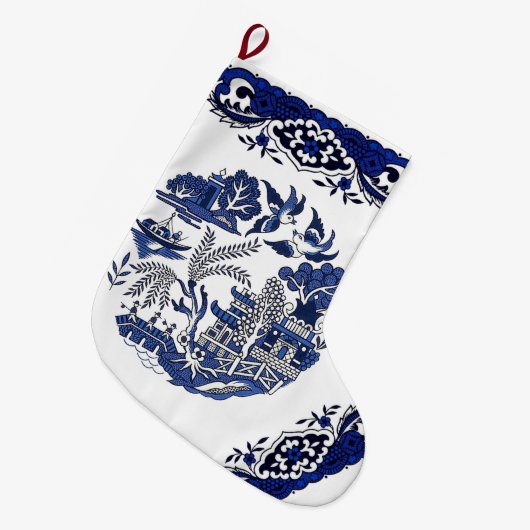 Classic Blue Willow Design Großer Weihnachtsstrumpf (Vorderansicht (hängend))