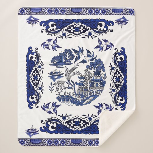 Classic Blue Willow Design Sherpadecke (Vorderseite)