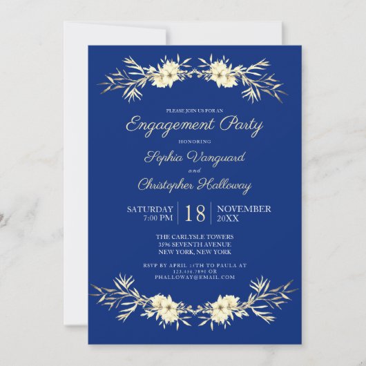 Classic Blue Winter Floral Engagement Party Einladung (Vorderseite)