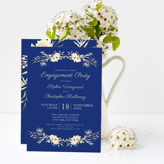 Classic Blue Winter Floral Engagement Party Einladung