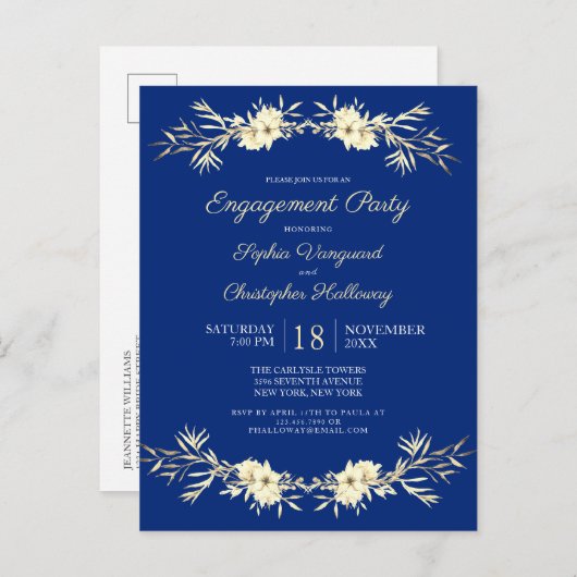 Classic Blue Winter Floral Engagement Party Invita Einladungspostkarte (Vorne/Hinten)