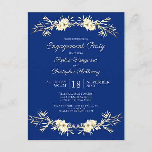 Classic Blue Winter Floral Engagement Party Invita Einladungspostkarte (Vorderseite)