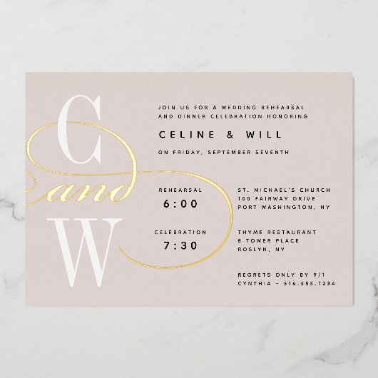 Classic Blüh Monogram Probe Dinner Folieneinladung (Vorderseite)