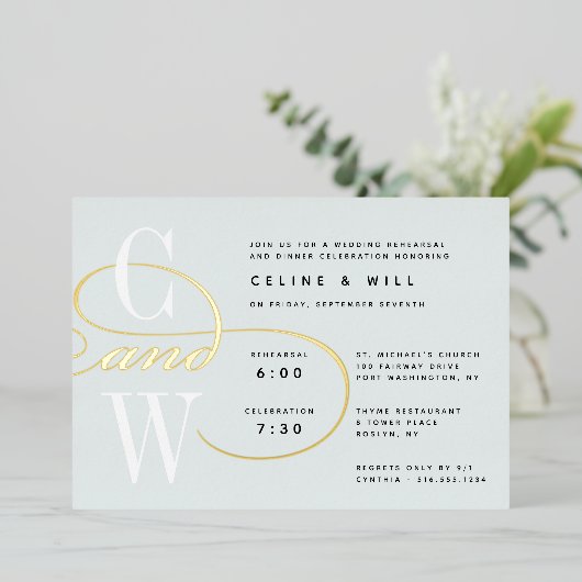 Classic Blüh Monogram Probe Dinner Folieneinladung (Stehend vorne)