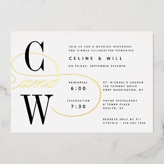 Classic Blüh Monogram Probe Dinner Folieneinladung (Vorderseite)