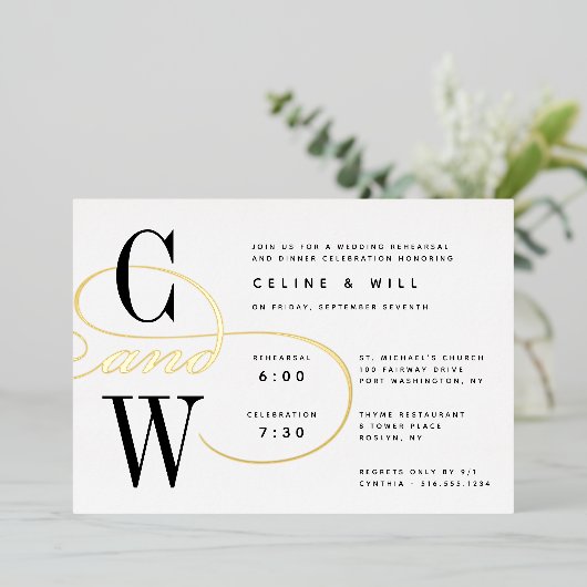 Classic Blüh Monogram Probe Dinner Folieneinladung (Stehend vorne)