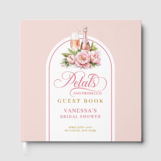 Classic blush and gold petals prosecco sign book gästebuch (Vorderseite)