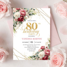 Classic Blush Burgundy Floral 80th Birthday Invite