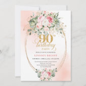 Classic Blush Floral Greenery Gold 90th Birthday Einladung (Vorderseite)