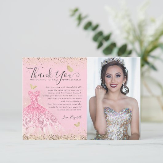 Classic Blush Pink Gold Glitzer Quinceanera 2 Foto Dankeskarte (Stehend Vorderseite)