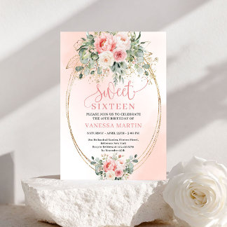 Classic Blush Roses Greenery Sweet Sixteen Invite Einladung
