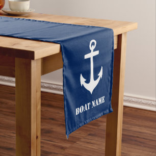 Classic Boat Anchor und Ihr Bootname Navy Blue Mittelgroßer Tischläufer