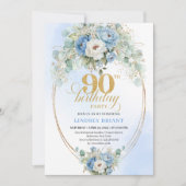 Classic Bohemian Blue Flowers 90th Birthday Invite Einladung (Vorderseite)