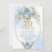 Classic Boho Blue Floral Eucalyptus 70th Birthday Einladung (Vorderseite)
