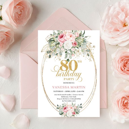 Classic Boho Blush Roses 80th Birthday Invitation  Einladung