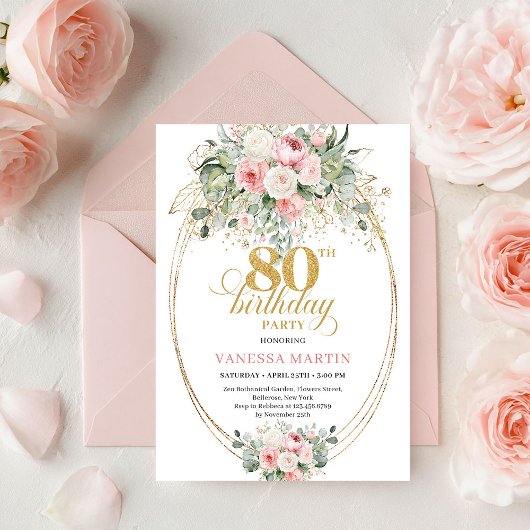 Classic Boho Blush Roses Gold 80th Birthday Invite Einladung