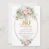Classic Boho Blush Roses Gold 80th Birthday Invite Einladung (Vorderseite)
