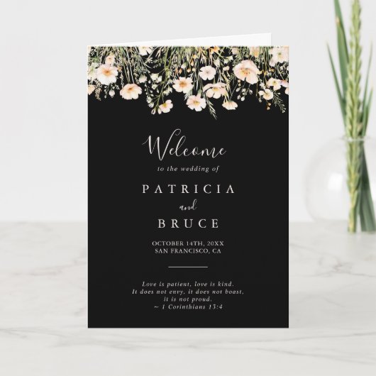 Classic Boho Blush Wildblume Black Folded Wedding Programm (Vorderseite)