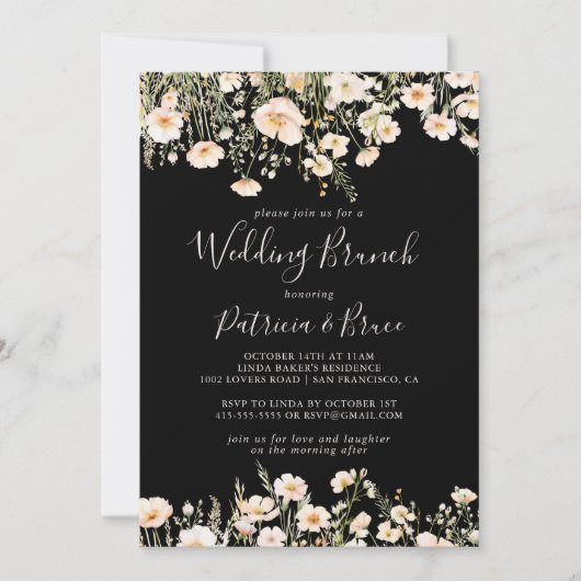 Classic Boho Blush Wildblume Black Wedding Brunch Einladung (Vorderseite)