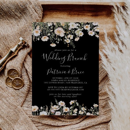 Classic Boho Blush Wildblume Black Wedding Brunch Einladung