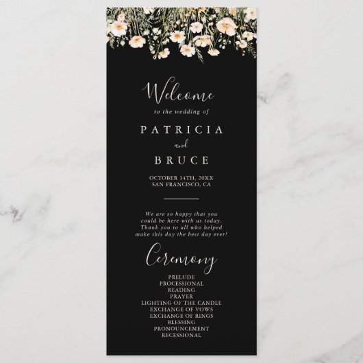Classic Boho Blush Wildblume Black Wedding Programm (Vorderseite)
