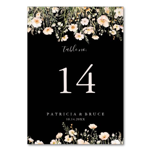 Classic Boho Blush Wildblume Black Wedding Tischnummer (Vorderseite)
