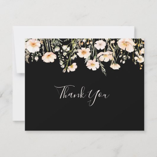 Classic Boho Blush Wildblume Flat Black Wedding Dankeskarte (Vorderseite)