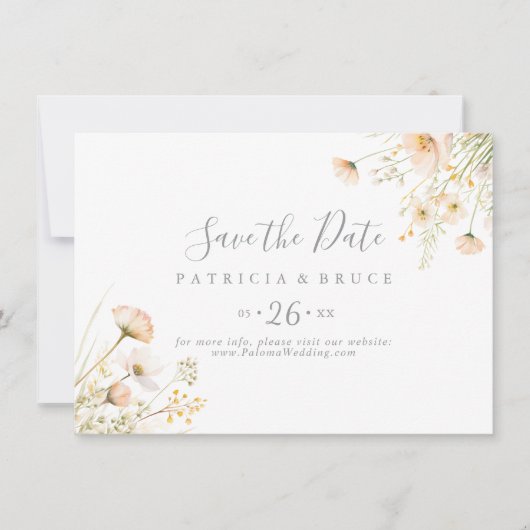 Classic Boho Blush Wildblume Horizontal Hochzeit Save The Date (Vorderseite)