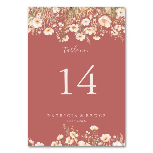 Classic Boho Blush Wildblume Wedding Tischnummer (Vorderseite)