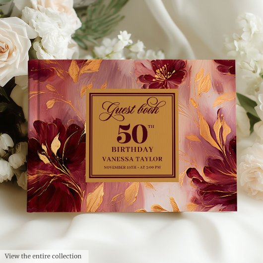 Classic Boho Burgundy Blush Gold Blume 50. Gästebuch