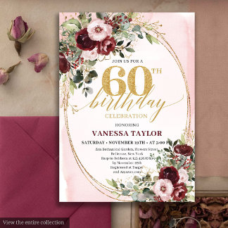 Classic Boho Burgundy Blush Roses 60th Birthday Einladung