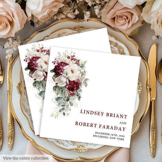 Classic Boho Burgundy Gold Roses Wedding Napkins Serviette