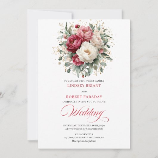 Classic Boho Crimson Red Blush Greenery Invitation Einladung (Vorderseite)
