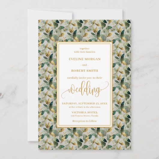 Classic Boho Forest Green Gold Eucalyptus Wedding Einladung (Vorderseite)