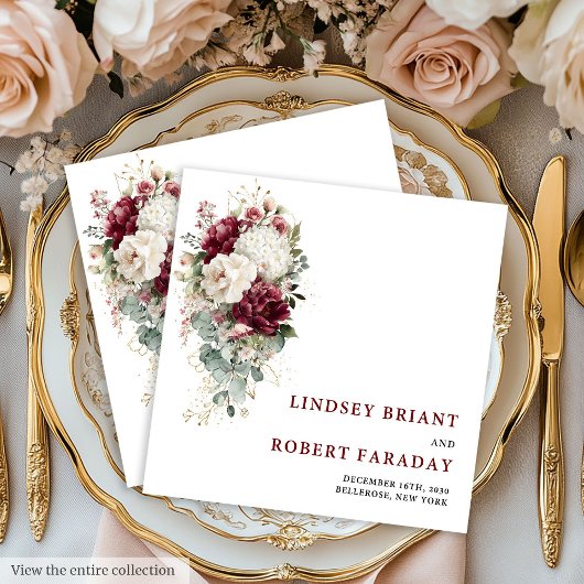 Classic Boho Maroon Blush Gold Roses Wedding Paper Serviette