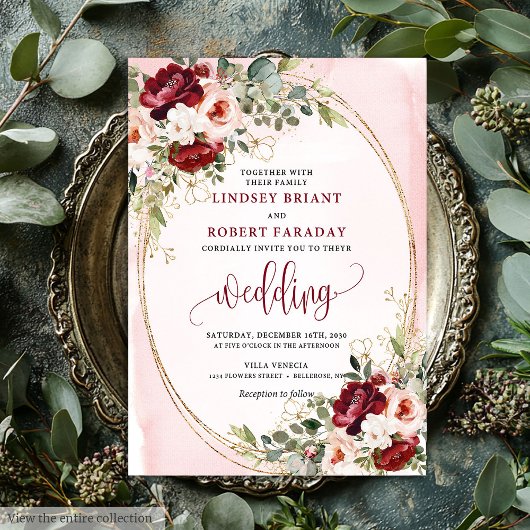 Classic Boho Merlot Gold Floral Wedding Invitation Einladung