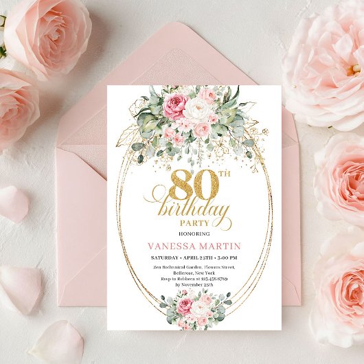 Classic Boho Minimalist Blush Floral 80th Birthday Einladung