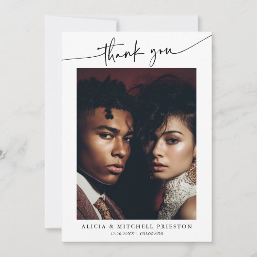 Classic Boho Minimalist Script Wedding Photo Dankeskarte (Vorderseite)