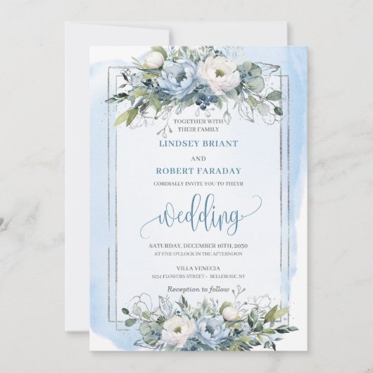 Classic Boho Pastel Blue Silver Rose Hochzeit Einladung (Vorderseite)