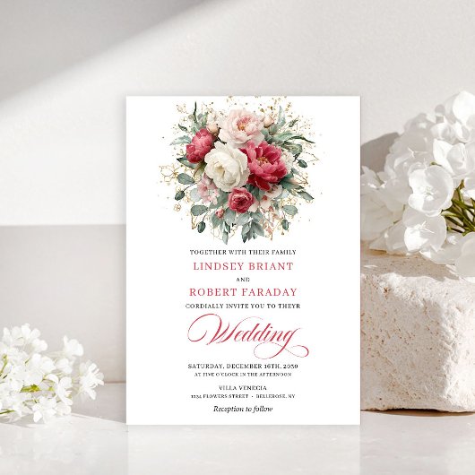Classic Boho Red Blush Gold Floral Wedding Invite Einladung