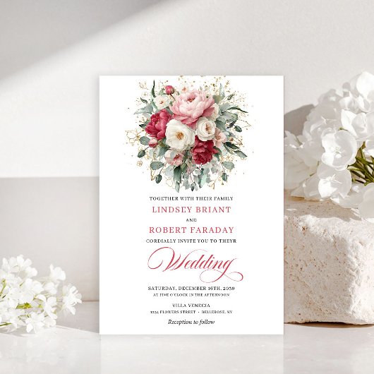 Classic Boho Ruby Red Blush Gold Floral Invitation Einladung