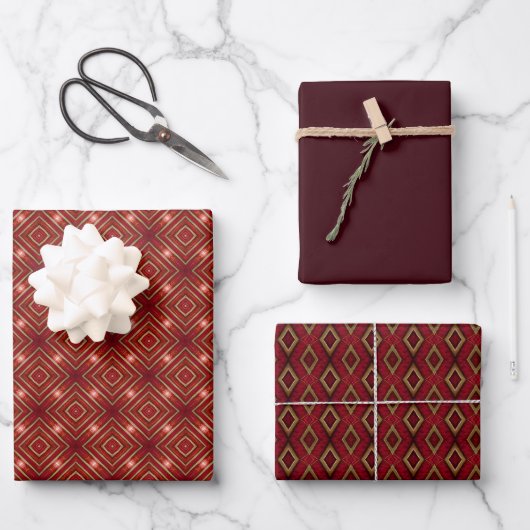 Classic Bordeaux Red & Gold 3 Stück Wrap Set Geschenkpapier Set (Vorderseite)