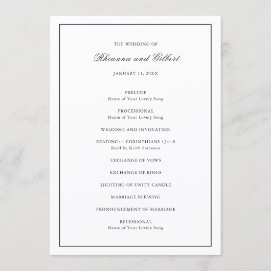Classic Border Black and White Timeless Wedding Programm (Vorderseite)