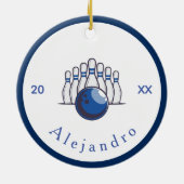Classic Bowling Design Buttone & Ball Name & Year Keramik Ornament (Hinten)