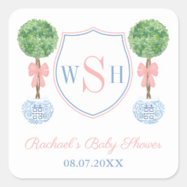 Classic Boxwood Monogram Wappen Baby Shower Fevor Quadratischer Aufkleber
