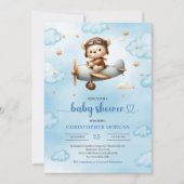 Classic Boy Shower Teddy Bear Pilot Blue Brown Einladung (Vorderseite)