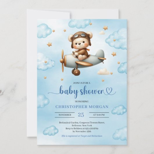 Classic Boy Shower Teddy Bear Pilot Blue Brown Einladung (Vorderseite)