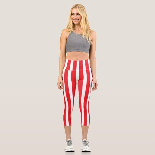 Classic Bright Red and White Striped Capri Leggings (Vorderseite)